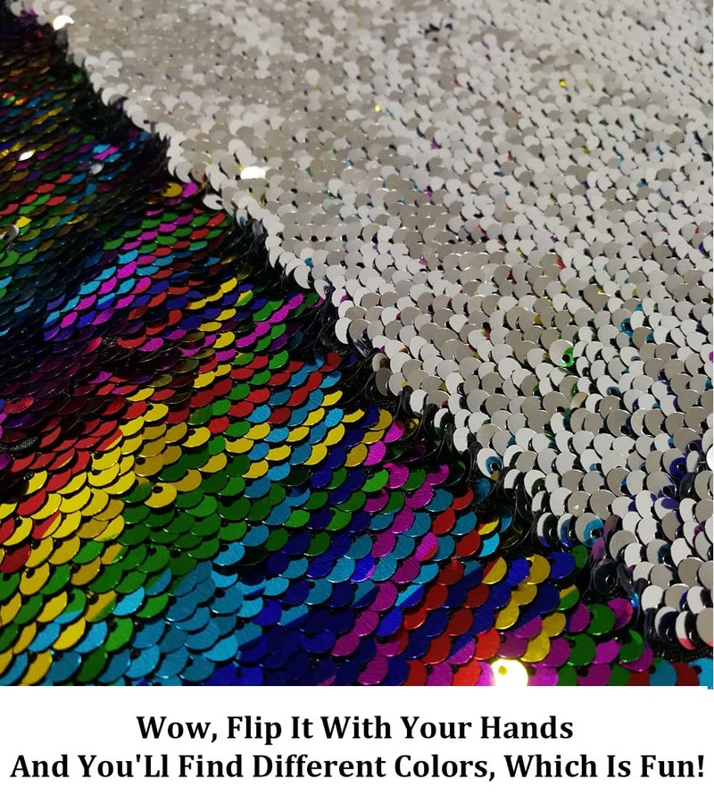 Partisout Sequin Fabric Mermaid Fabrics 3 Feet 5mm Glitter Fabric Rainbow to Silver Two Tone Backdrop Decoration Reversible Material Great for Sewing Dress Wedding DIY - Image 2